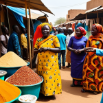 A bustling, vibrant market scene in Ouagadougou, Burkina Faso. Several individuals, fully clothed in colorful, modest African attire, are engaged in trade and lively conversation. Stalls overflow with bright textiles, fragrant spices, and a variety of handcrafted goods. The scene is illuminated by warm, natural sunlight, capturing an authentic and energetic atmosphere. Professional photography, hyperrealistic, detailed, high resolution, soft natural lighting. safe for work, appropriate content, fully clothed, modest, perfect anatomy, correct proportions, natural poses, well-formed hands, proper finger count, natural body proportions.