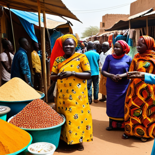 Home 11 A bustling, vibrant market scene in Ouagadougou, Burkina Faso. Several individuals, fully clothed in colorful, modest African attire, are engaged in trade and lively conversation. Stalls overflow with bright textiles, fragrant spices, and a variety of handcrafted goods. The scene is illuminated by warm, natural sunlight, capturing an authentic and energetic atmosphere. Professional photography, hyperrealistic, detailed, high resolution, soft natural lighting. safe for work, appropriate content, fully clothed, modest, perfect anatomy, correct proportions, natural poses, well-formed hands, proper finger count, natural body proportions.