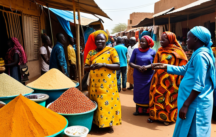 A bustling, vibrant market scene in Ouagadougou, Burkina Faso. Several individuals, fully clothed in colorful, modest African attire, are engaged in trade and lively conversation. Stalls overflow with bright textiles, fragrant spices, and a variety of handcrafted goods. The scene is illuminated by warm, natural sunlight, capturing an authentic and energetic atmosphere. Professional photography, hyperrealistic, detailed, high resolution, soft natural lighting. safe for work, appropriate content, fully clothed, modest, perfect anatomy, correct proportions, natural poses, well-formed hands, proper finger count, natural body proportions.