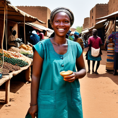 Home 6 **
"A fully clothed traveler in Burkina Faso, wearing modest safari attire, exploring a bustling local market. The market is filled with colorful fabrics, handcrafted goods, and local produce. Background features traditional mud-brick architecture. Safe for work, appropriate content, perfect anatomy, natural proportions, professional photography, high quality, family-friendly."
**