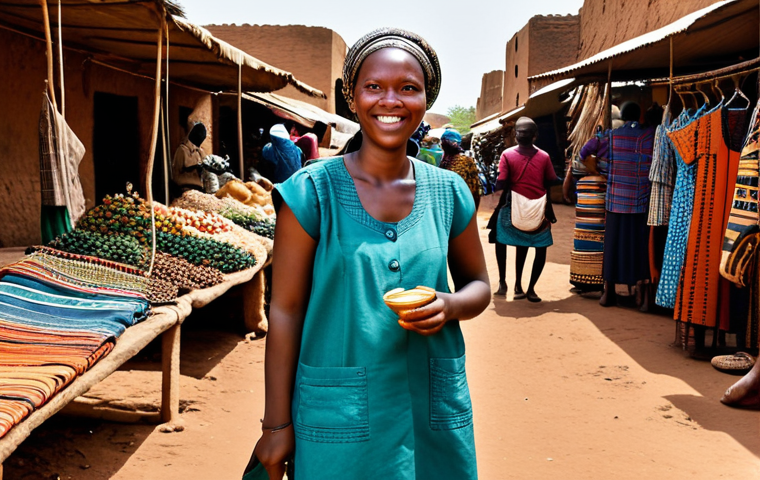 **

"A fully clothed traveler in Burkina Faso, wearing modest safari attire, exploring a bustling local market. The market is filled with colorful fabrics, handcrafted goods, and local produce. Background features traditional mud-brick architecture. Safe for work, appropriate content, perfect anatomy, natural proportions, professional photography, high quality, family-friendly."

**
